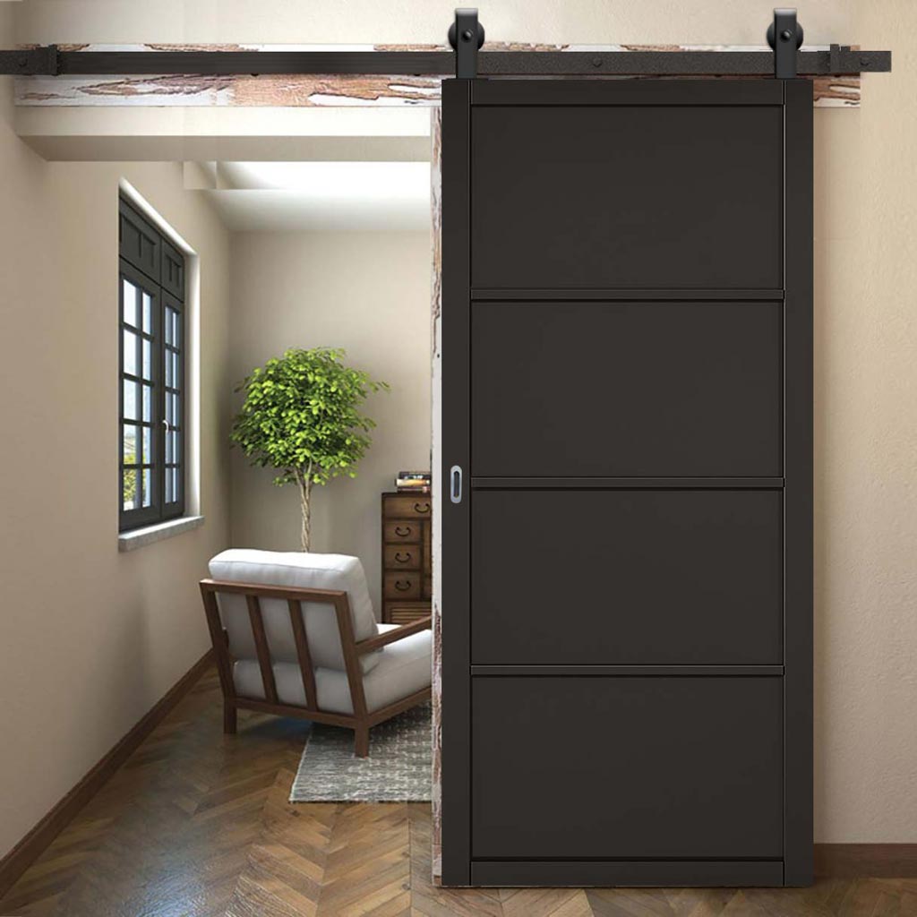 Top Mounted Black Sliding Track & Door - Soho 4 Panel Black Painted Door - Prefinished