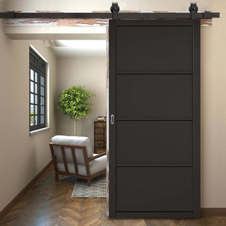 Image: Top Mounted Black Sliding Track & Door - Soho 4 Panel Black Painted Door - Prefinished