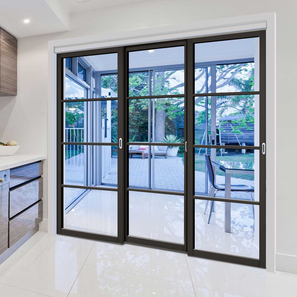 PassEasi Three Sliding Doors and Frame Kit Soho 4 Pane Door Clear
