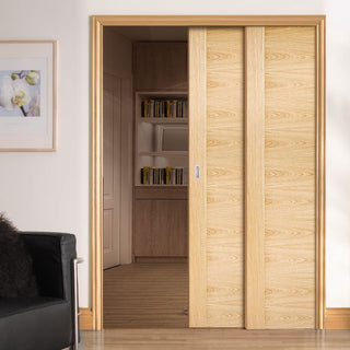 Image: Sofia Oak Veneer Staffetta Twin Telescopic Pocket Doors - Prefinished