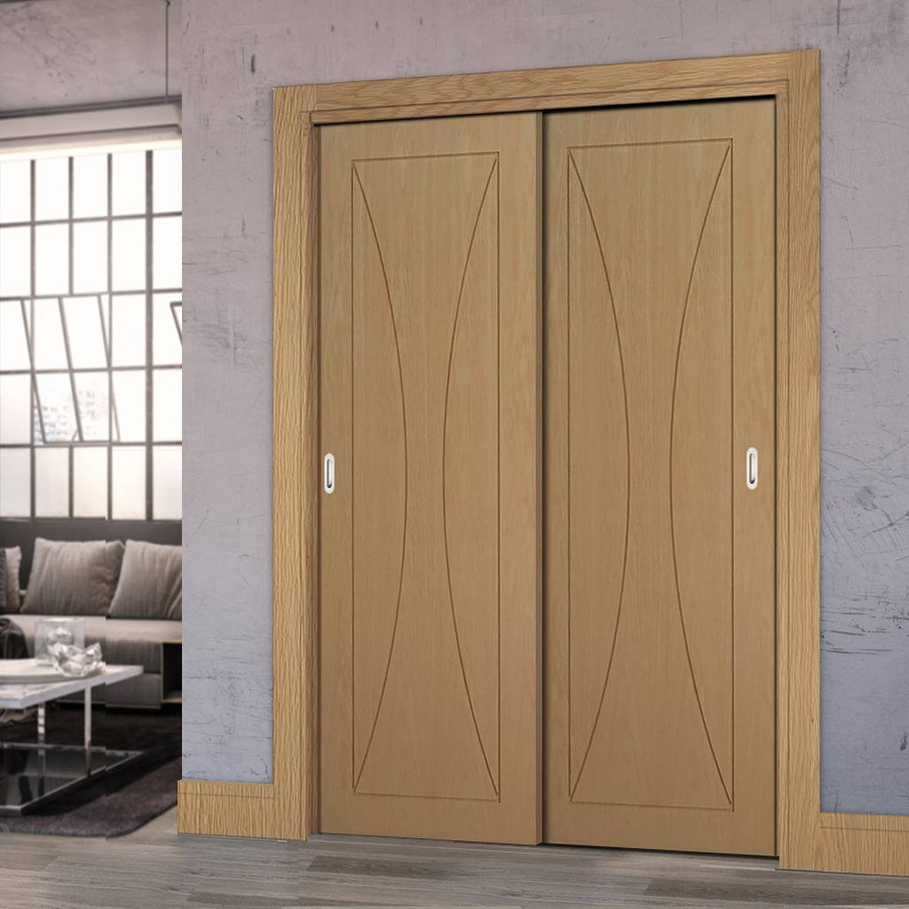 Two Sliding Maximal Wardrobe Doors & Frame Kit - Sorrento Oak Flush Door - Prefinished