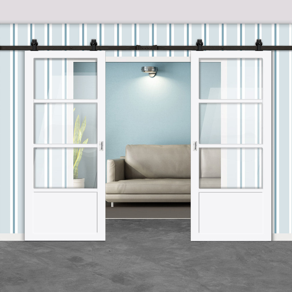 Top Mounted Black Sliding Track & Solid Wood Double Doors - Eco-Urban® Staten 3 Pane 1 Panel Doors DD6310G - Clear Glass - Cloud White Premium Primed