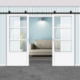 Image: Top Mounted Black Sliding Track & Solid Wood Double Doors - Eco-Urban® Staten 3 Pane 1 Panel Doors DD6310G - Clear Glass - Cloud White Premium Primed