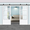 Top Mounted Black Sliding Track & Solid Wood Double Doors - Eco-Urban® Staten 3 Pane 1 Panel Doors DD6310G - Clear Glass - Cloud White Premium Primed
