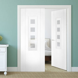 Image: Contemporary Grained Internal PVC Door Pair - Sandblasted Glass  - Clear Squares