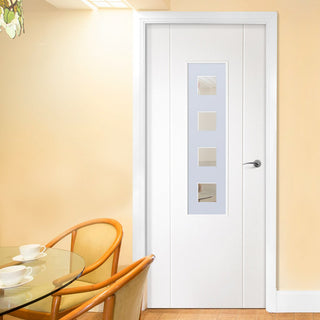 Image: White PVC contemporary stirling door with lightly grained faces sandblast obscure toughened glass with clear squares
