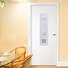 White PVC contemporary stirling door with lightly grained faces sandblast obscure toughened glass with clear squares