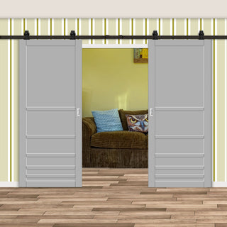 Image: Top Mounted Black Sliding Track & Solid Wood Double Doors - Eco-Urban® Stockholm 7 Panel Doors DD6407 - Mist Grey Premium Primed