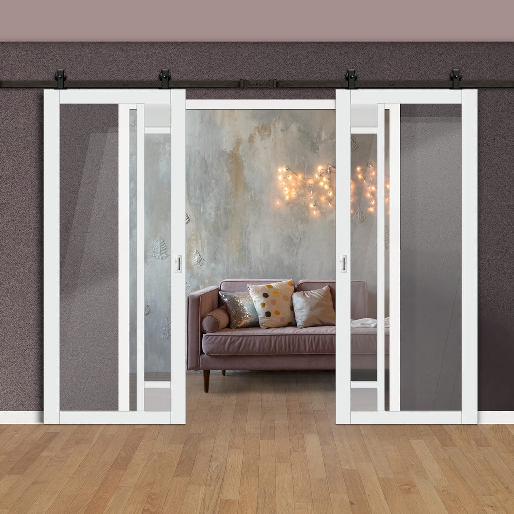 Top Mounted Black Sliding Track & Solid Wood Double Doors - Eco-Urban® Suburban 4 Pane Doors DD6411G Clear Glass(2 FROSTED CORNER PANES)- Cloud White Premium Primed