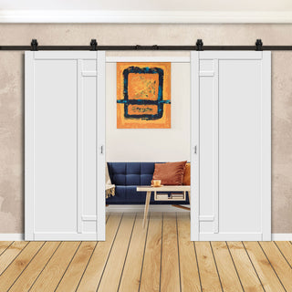 Image: Top Mounted Black Sliding Track & Solid Wood Double Doors - Eco-Urban® Suburban 4 Panel Doors DD6411 - Cloud White Premium Primed