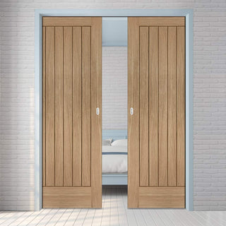Image: Suffolk Essential Oak Double Evokit Pocket Doors - Unfinished