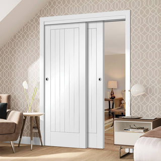 Image: Two Sliding Doors and Frame Kit - Suffolk Flush Door - White Primed