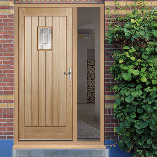 Image: Suffolk Exterior Oak Door and Frame Set - Part Frosted Double Glazing - One Unglazed Side Screen, From LPD Joinery