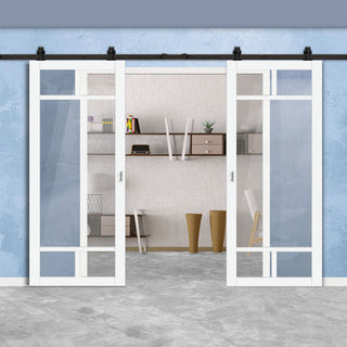 Image: Top Mounted Black Sliding Track & Solid Wood Double Doors - Eco-Urban® Sydney 5 Pane Doors DD6417G Clear Glass - Cloud White Premium Primed