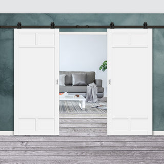 Image: Top Mounted Black Sliding Track & Solid Wood Double Doors - Eco-Urban® Sydney 5 Panel Doors DD6417 - Cloud White Premium Primed