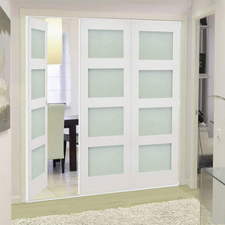 Image: Three Folding Doors & Frame Kit - Coventry Shaker 2+1 - Frosted Glass - White Primed