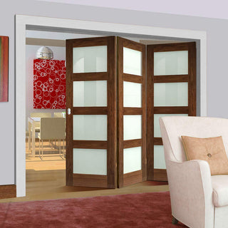 Image: Three Folding Doors & Frame Kit - Coventry Walnut Shaker 3+0 - Frosted Glass - Prefinished