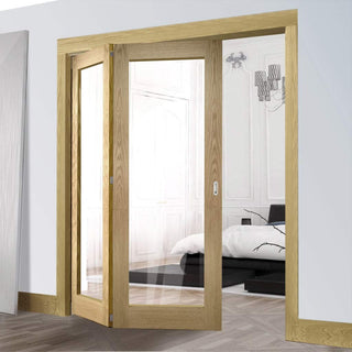 Image: Two Folding Doors & Frame Kit - Walden Oak 2+0 - Clear Glass - Unfinished