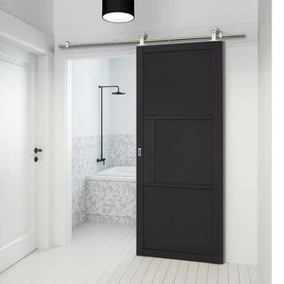 Image: Sirius Tubular Stainless Steel Sliding Track & Tribeca 3 Panel Black Painted Door - Prefinished