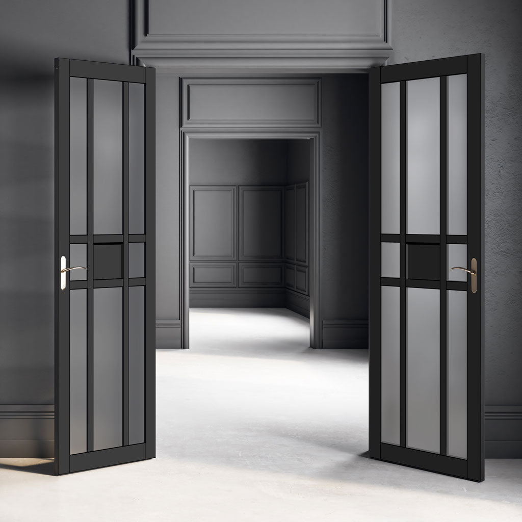 Eco-Urban Tromso 8 Pane 1 Panel Solid Wood Internal Door Pair UK Made DD6402SG Frosted Glass - Eco-Urban® Shadow Black Premium Primed