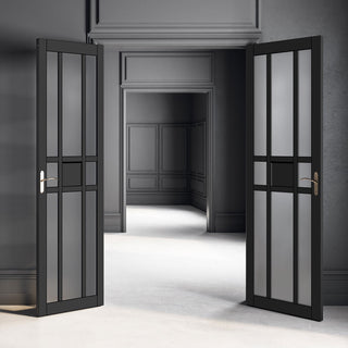 Image: Eco-Urban Tromso 8 Pane 1 Panel Solid Wood Internal Door Pair UK Made DD6402SG Frosted Glass - Eco-Urban® Shadow Black Premium Primed