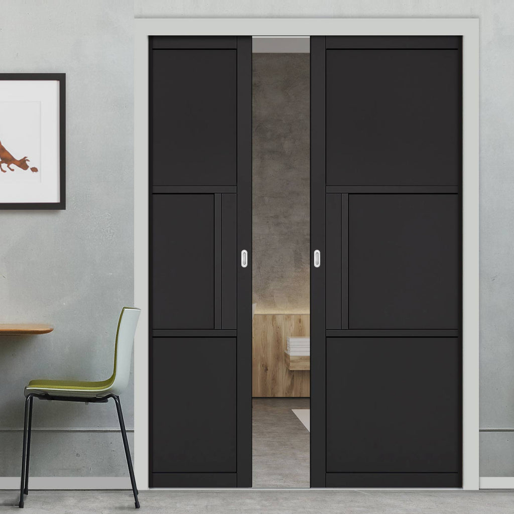 Tribeca 3 Panel Black Painted Double Evokit Pocket Doors - Prefinished