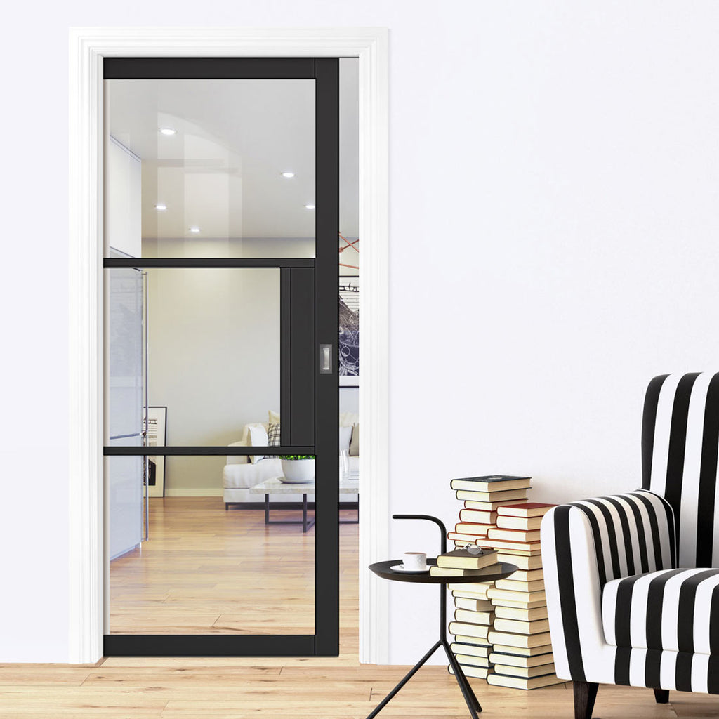 Tribeca 3 Pane Black Prefinished Single Evokit Pocket Door - Clear Glass