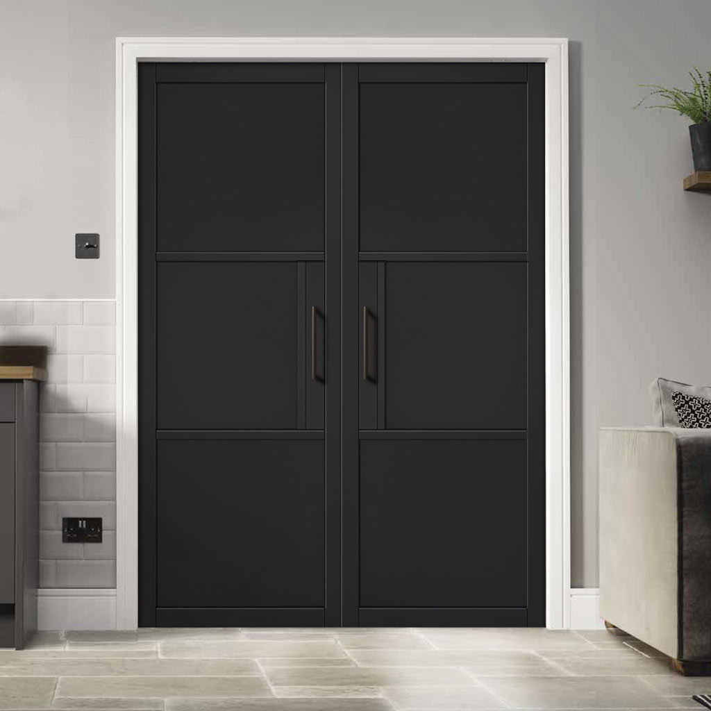 Tribeca 3 Panel Black Painted Internal Door Pair - Prefinished