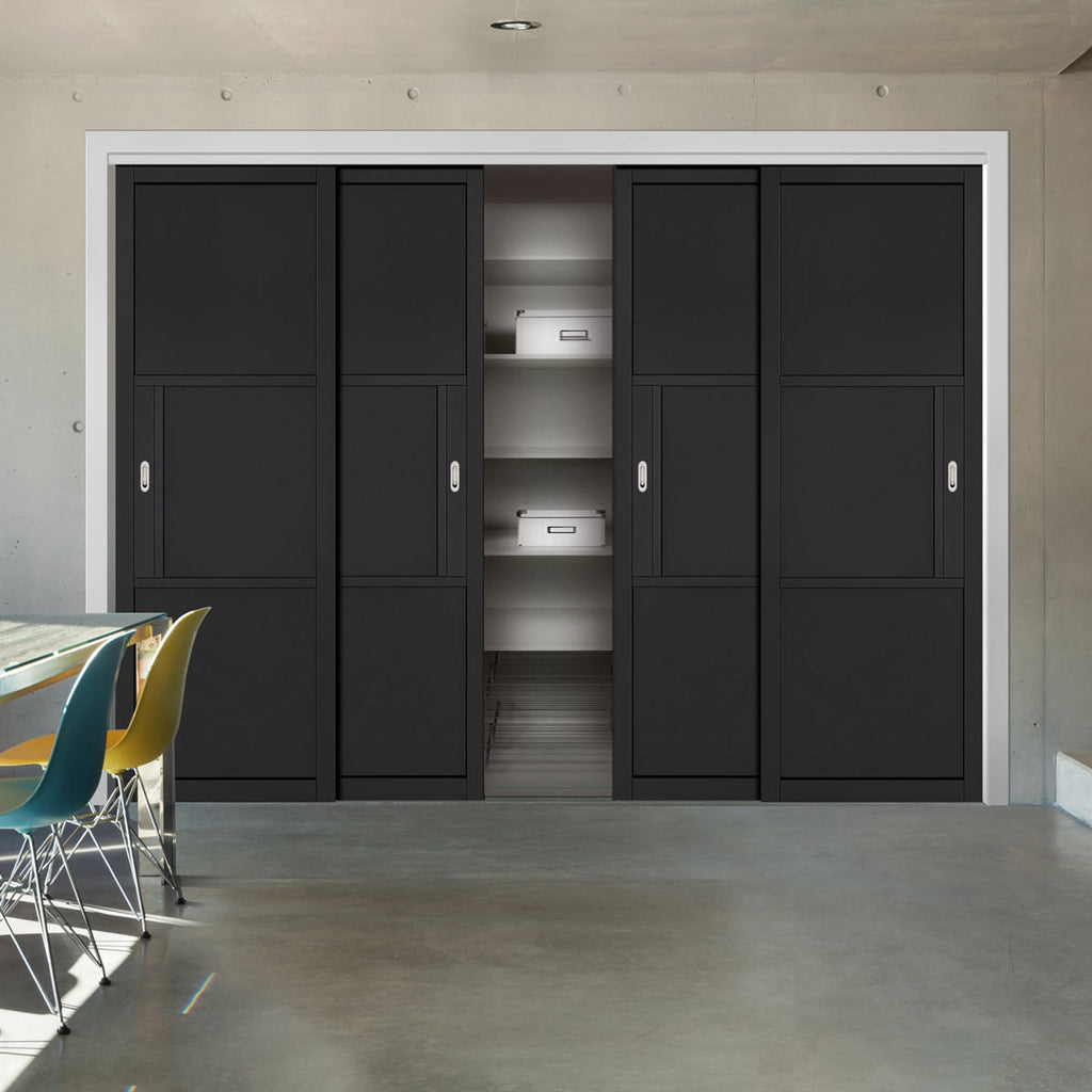 Four Sliding Maximal Wardrobe Doors & Frame Kit - Tribeca 3 Panel Black Painted Door - Prefinished