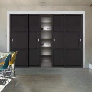 Image: Four Sliding Maximal Wardrobe Doors & Frame Kit - Tribeca 3 Panel Black Painted Door - Prefinished