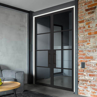 Image: Chelsea 4 Pane Black Primed Internal Door Pair - Clear Glass