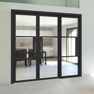 Image: ThruEasi Room Divider - Tribeca 3 Pane Black Primed Clear Glass Unfinished Double Doors with Single Side
