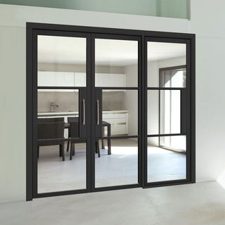 Image: Room Divider - Tribeca 3 Pane Black Clear Glass Prefinished Double Doors with Single Side