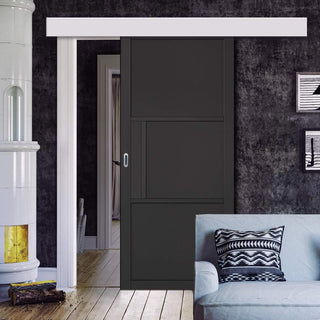 Image: Single Sliding Door & Wall Track - Tribeca 3 Panel Black Painted Door - Prefinished