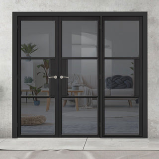 Image: ThruEasi Room Divider - Tribeca 3 Pane Black Primed Tinted Glass Unfinished Double Doors with Single Side
