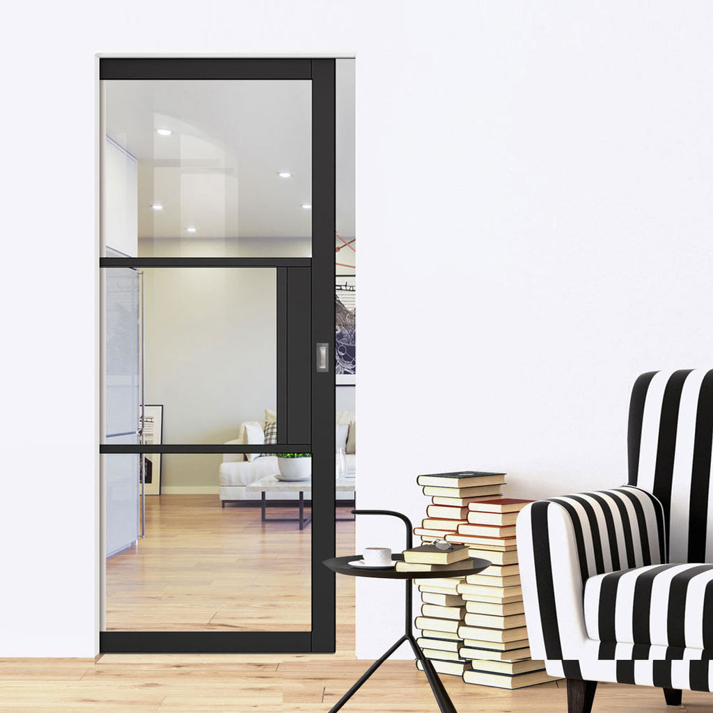 Tribeca 3 Pane Black Prefinished Absolute Evokit Single Pocket Door - Clear Glass