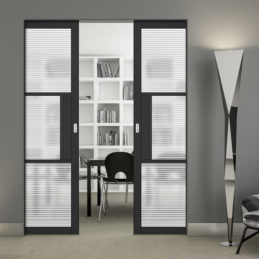 Tribeca 3 Pane Black Prefinished Absolute Evokit Double Pocket Door - Clear Reeded Glass