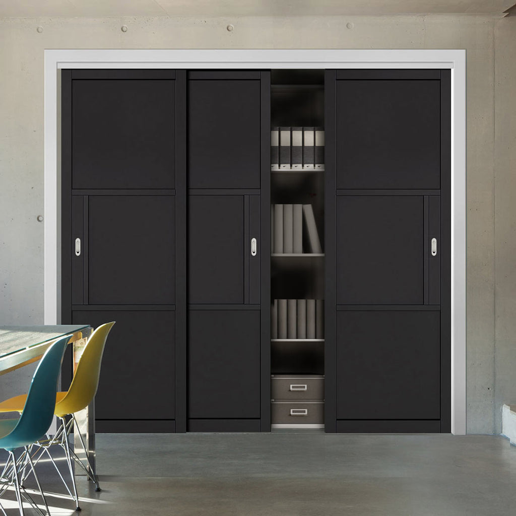 Three Sliding Maximal Wardrobe Doors & Frame Kit - Tribeca 3 Panel Black Painted Door - Prefinished