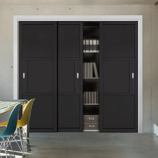 Image: Three Sliding Maximal Wardrobe Doors & Frame Kit - Tribeca 3 Panel Black Painted Door - Prefinished