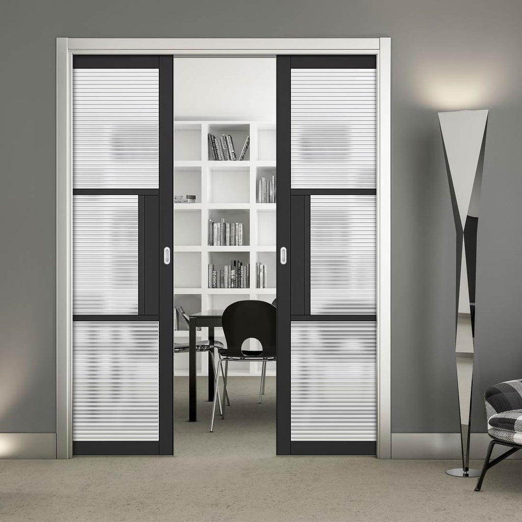 Tribeca 3 Pane Black Prefinished Double Evokit Pocket Doors - Clear Reeded Glass