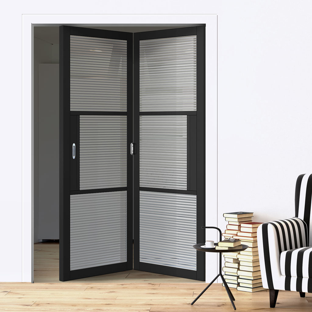 Two Folding Doors & Frame Kit - Tribeca 3 Pane Black Primed 2+0 - Clear Reeded Glass