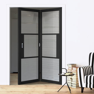Image: Two Folding Doors & Frame Kit - Tribeca 3 Pane Black Primed 2+0 - Clear Reeded Glass