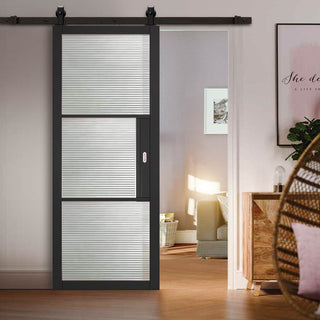 Image: Top Mounted Black Sliding Track & Door - Tribeca 3 Pane Black Painted Door - Clear Reeded Glass