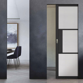 Image: Tribeca 3 Pane Black Prefinished Absolute Evokit Single Pocket Door - Clear Reeded Glass