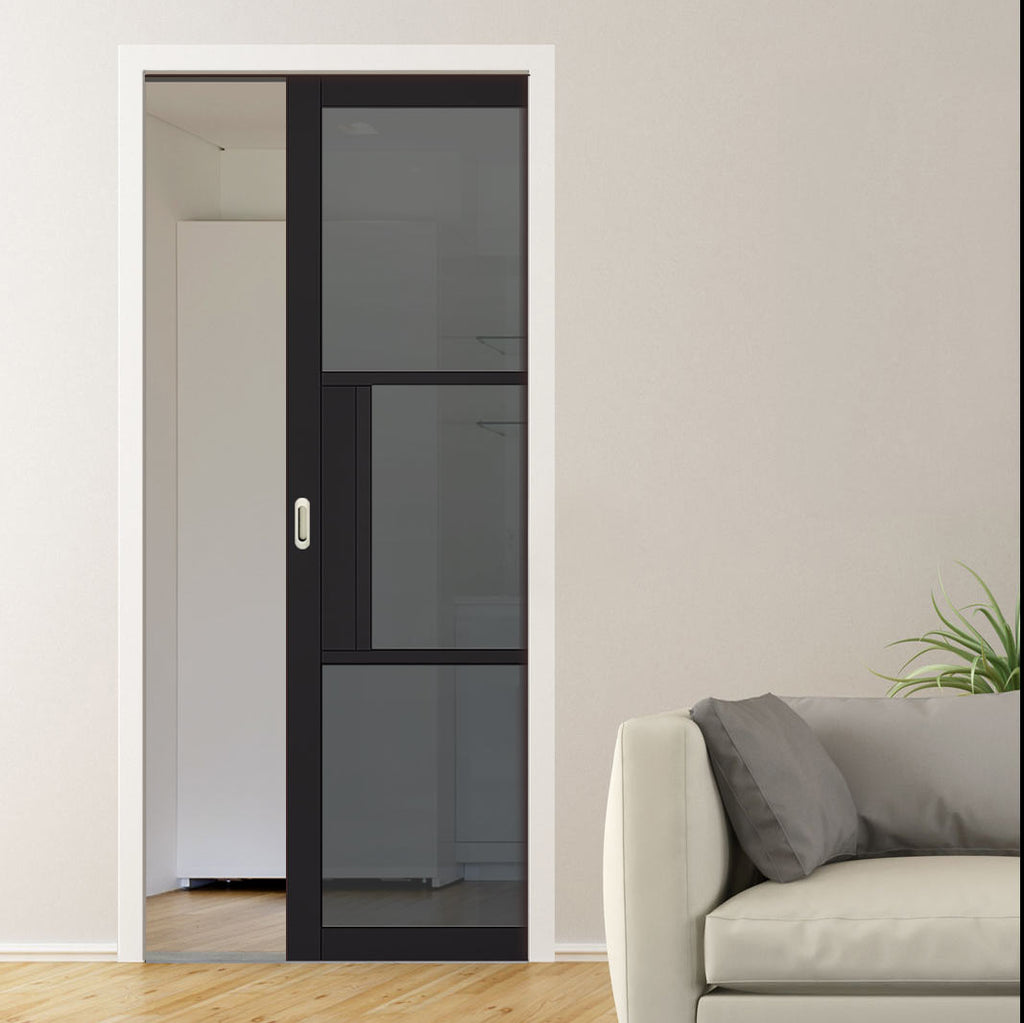 Tribeca 3 Pane Black Prefinished Single Evokit Pocket Door - Tinted Glass