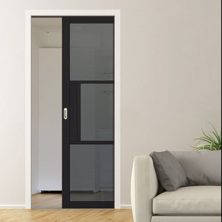 Image: Tribeca 3 Pane Black Prefinished Single Evokit Pocket Door - Tinted Glass