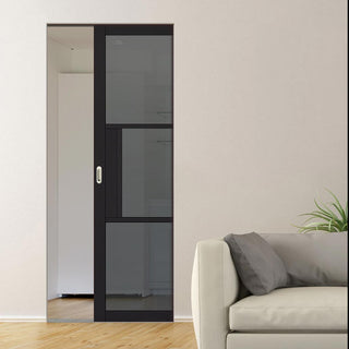 Image: Tribeca 3 Pane Black Prefinished Absolute Evokit Single Pocket Door - Tinted Glass