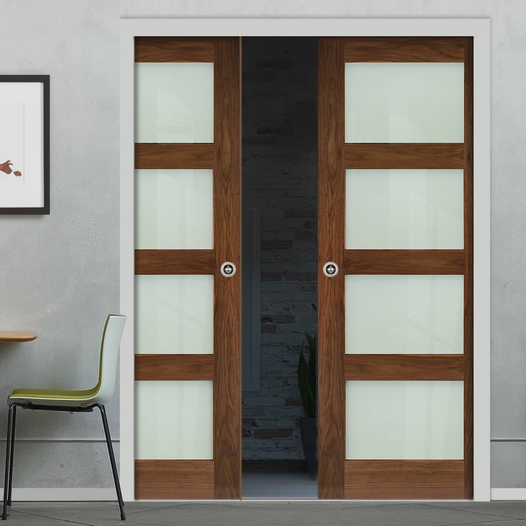 Coventry Walnut Shaker Style Double Evokit Pocket Doors - Frosted Glass - Prefinished