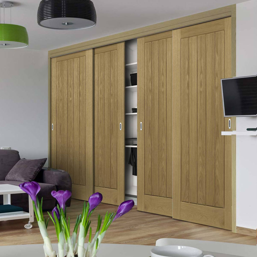 Four Sliding Maximal Wardrobe Doors & Frame Kit - Ely Real American White Oak Veneer Door - Prefinished