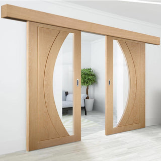 Image: Double Sliding Door & Wall Track - Salerno Oak Doors - Clear Glass - Unfinished